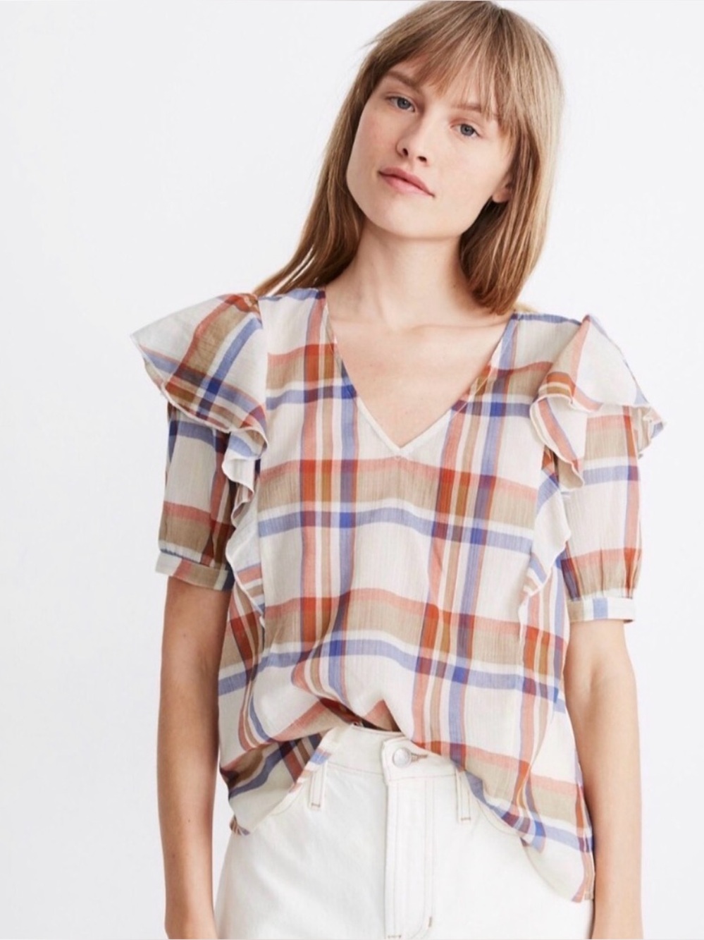 Madewell V-Neck Shoulder-Ruffle Top in Plaid Shady Plaid Rusted Tin Size Medium